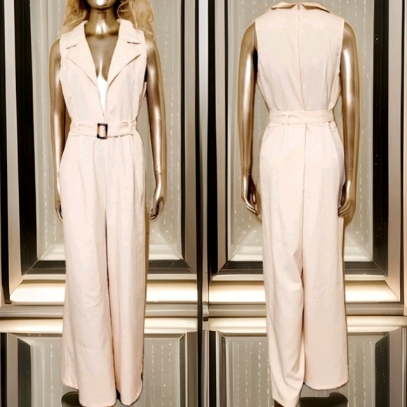 🧚‍♂️HOST PICK NWT Tailored Belted Deep V Neck Wideleg Jumpsuit in Cream Sz 10 - Picture 1 of 15